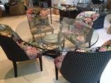 Stunning Glass Top Dining Table w/Decorative Scrolled Iron Base + 4 Tapestry Upholstered Chairs