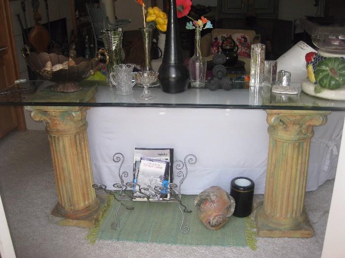 Glass top sofa or entry table with cement ( these are very heavy!) pillars