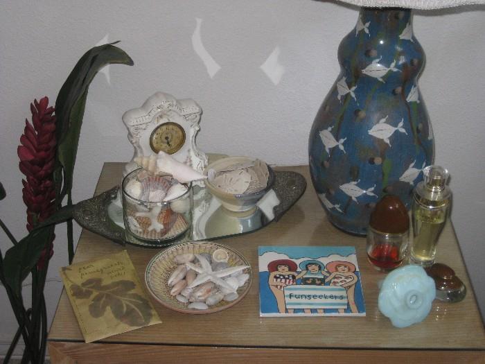 pottery lamp aquatic design, seashells, vintage porcelain clock, vintage vanity mirror
