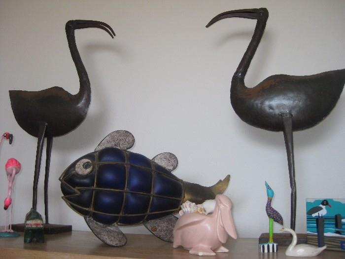 Large metal sculpture sea birds, McCoy Pelican and large blown glass and metal sculpture fish