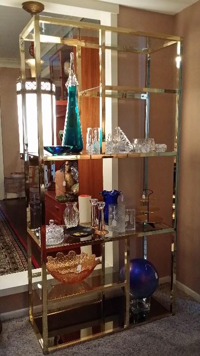 Waterford crystal, art glass, brass & glass shelf 