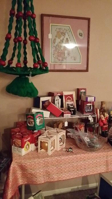 Assorted vintage Christmas ornaments, macramé tree, Christmas cross stitch