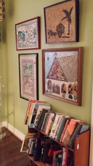 Folk art, books, mid century modern book shelf