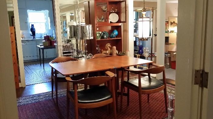 Mid century modern dining table, 4 mid century modern chairs, vintage ceramics, mid century modern hutch