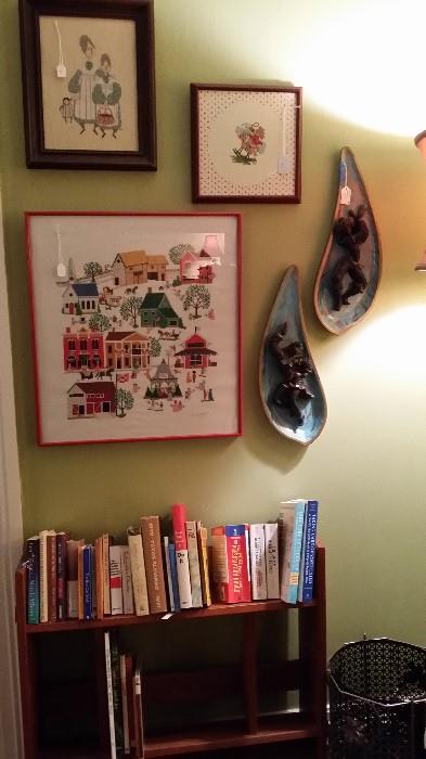 Books, cross stitch, mid century modern book shelves, wall art