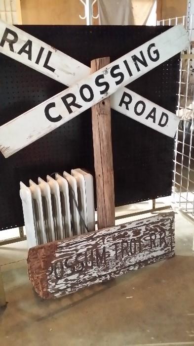 Old railroad crossing sign, heater