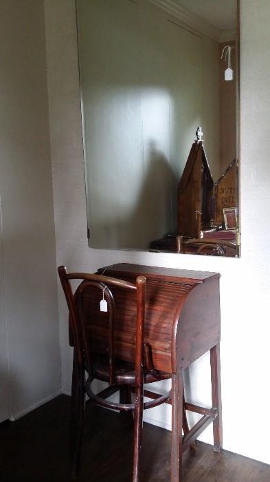 Large beveled mirror, antique bentwood chair, child's rolltop desk