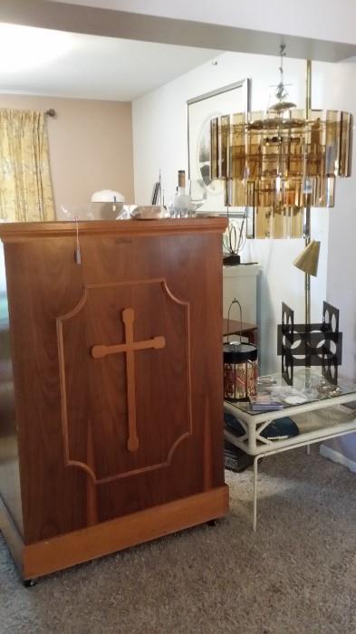 Vintage pulpit/bar, barware, MCM smoked glass light fixture