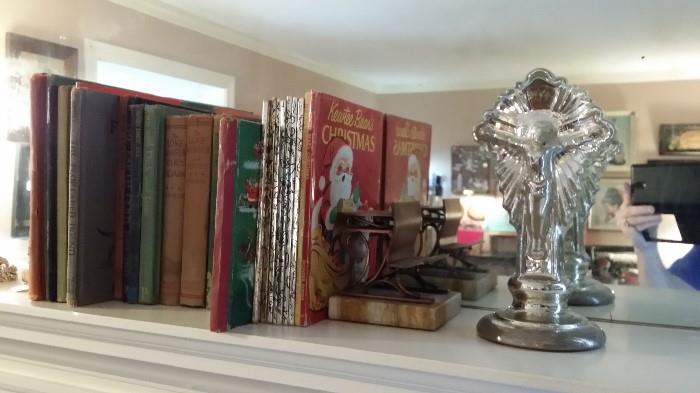 Vintage books, C. Jere bookends, antique mercury glass 