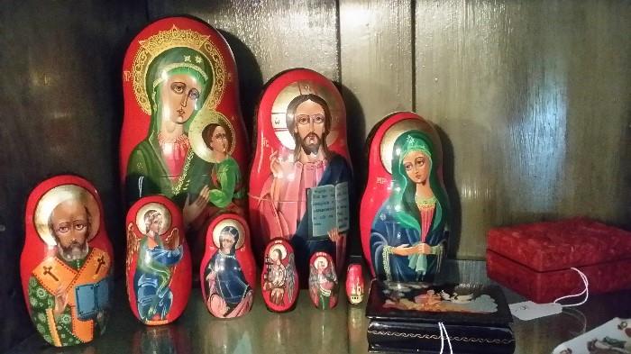 Russion icon nesting dolls, Russian laquerware, cinnabar box