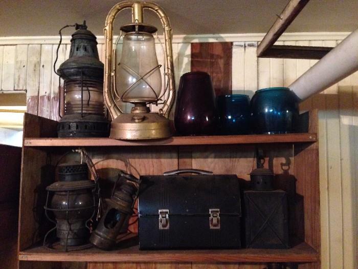 Lanterns, Lunch Pail, Red and Blue Glass Globes