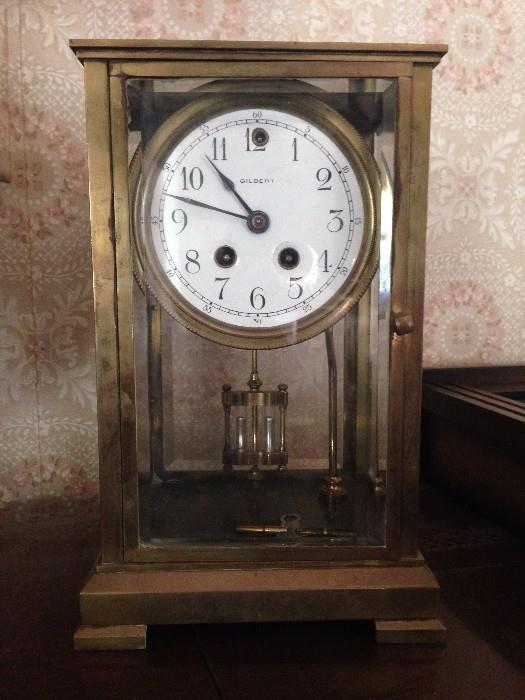 Brass Case Mantle Clock with Beveled Glass and Mercury Weights
