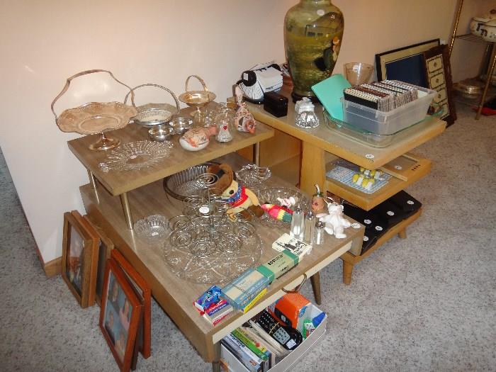 Mid-Century Modern Blonde End Tables.  Miscellaneous glassware.  