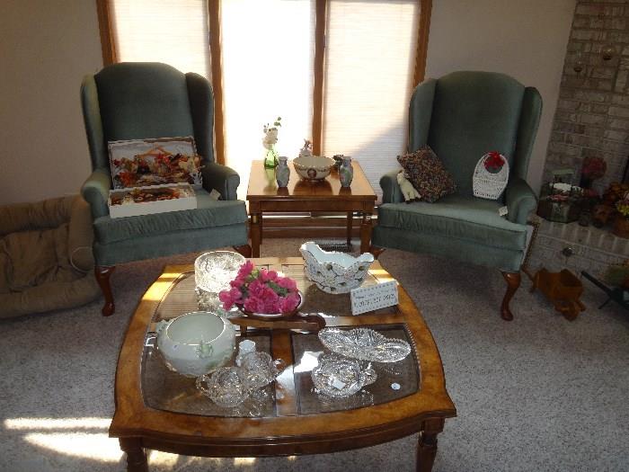 Wing back chairs, coffee table with cut glass assortmet, huge dog bed. 