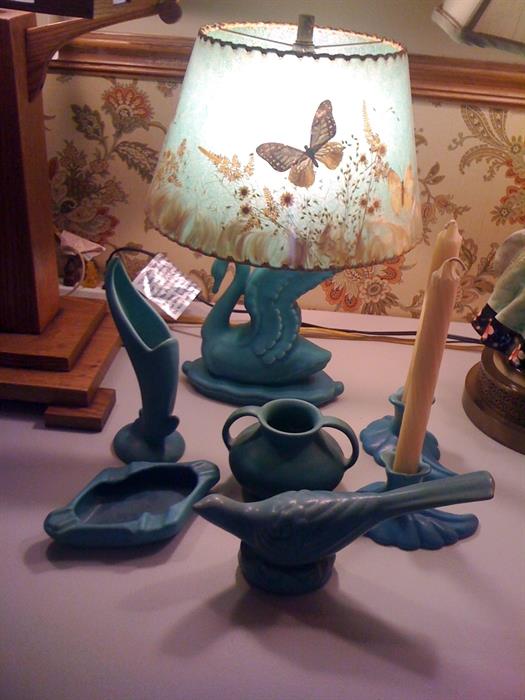 Van Briggle Lamp, original shade & other V. B. pieces