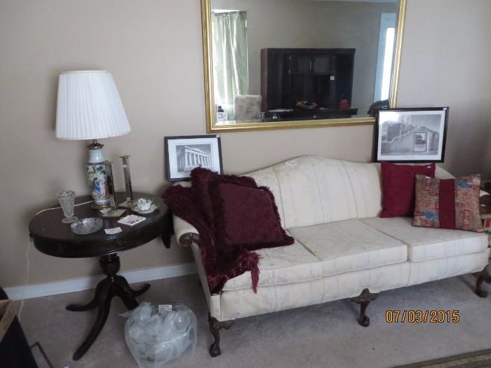 White Uphostered Couch, End Tables, Oriental Lamp, Beveled Mirror