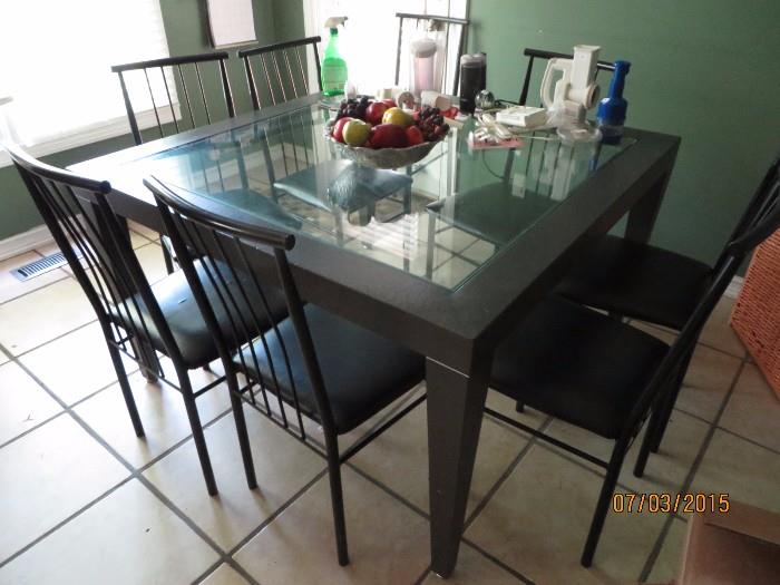 Square Beveled Glass and Wood Table with Chairs