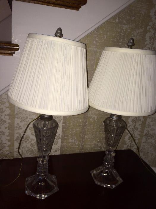 Pair sandwich glass whale oil lamps fitted for electricity.