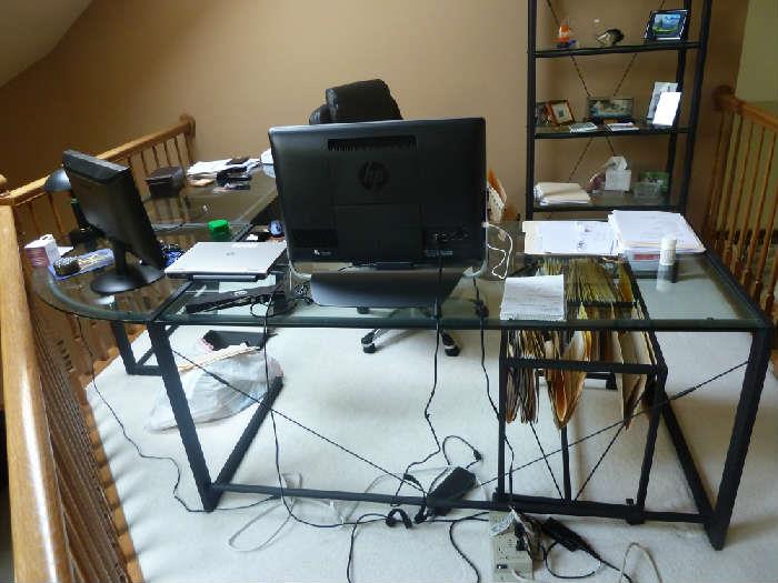 Office desk, wire and glass shelving, file cabinet, computer, 20" monitor, (wood file cabinet not shown)