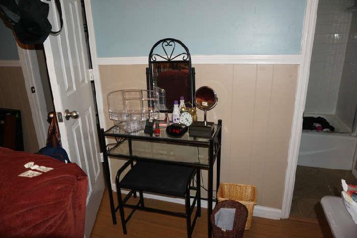 vanity and stool, makeup items