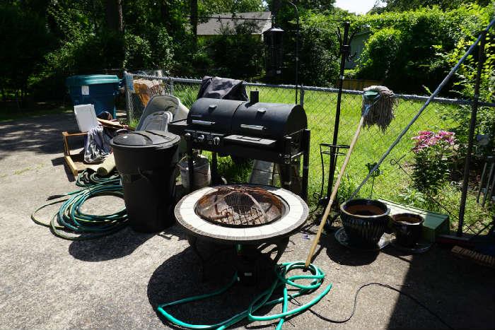 Fire pit, Brinkman gas/charcoal combo grill, misc. yard items