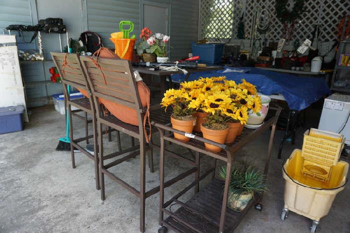 Bistro patio table and 4 chairs, matching cart and sunflower, mop bucket
