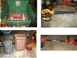 Coleman mint stove.  Arctic Boy and box cooler with spicket. Gas powered blower and weed wacker.