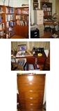 Three bookcases, file cabinets, corner desk with bookcase, and chest of drawers.