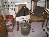 HIP BOOTS, ARMY BLANKET, BUTTER CHURN