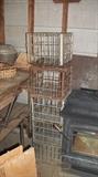 wood burning stove and metal milk crates