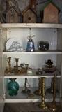 brass candlesticks, oil lamps, birdhouses
