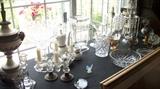lamps, candle sticks, tea set, crystal vases