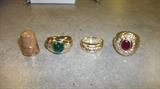14kt gold-thimble, Emerald w/8 diamonds, 5 diamond band, Ruby w/16 diamonds