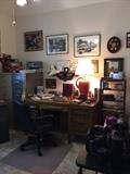 antique desk, metal filing cabinets, original artwork, signed sports memorabilia, collector cars