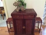 cupboard brought back from Indonesia, two small side tables brought back from Indonesia, elephant planter