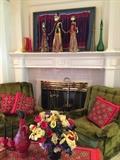 two vintage upholstered chairs,  needlepoint, cushions, runner, 3 puppets from Indonesia, framed textile from Indonesia