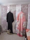 Hand Carved Asian 6 Panel Room Divider (approx: 82in high and 96in wide). Silk Kimonos