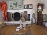 Silk Kimono, 2 Asian Panels, Sitting Buddha, Asian Tapestry, Japanese Prints, African Style Figurines,  Lamps, End Tables, Grandfather Clock, Decanter, Candy Jar, 