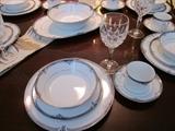 Noritake China Squirewood 4013 (service for 8 with Oval Platter, Round Vegetable Bowl, Cream and Sugar). Gorham Crystal Goblets set of 6 (Lady Anne)