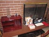 Rosewood Desktop Shelf, Crystal Vase, Cat Books, Sony Wireless Keyboard, iPad cover