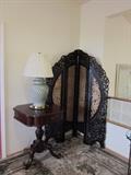 Pedestal Lamp Table, Lamp, Hand Carved Screen (India)