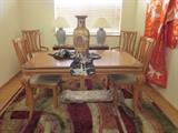 Oak Dining Table with 2 Leaves and 4 chairs, Obi Sash as runner, Japanese Vase.