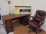 Office Desk, Swing Arm Brass Floor Lamp, Yamaha PSR 185 Portable Keyboard, Office Chair.