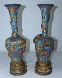 Chinese cloisonné vases with dragons attached