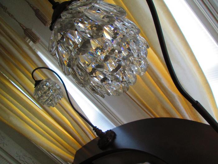 PAIR OF GOOSE NECK BOUDOIR LAMPS WITH CRYSTAL PRISM SHADES