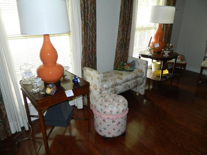 Mid-century lamps with mahogany lamp tables.  Upholstered bench and rolling stool in great condition. 