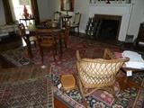 Game table has four matched woven cane seat chairs.  Oriental rugs feature three small ones great for making pillows and one large 9 x 12.
