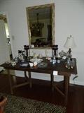 Folding wooden table with pair of matched lustres, smalls and collectibles.