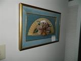 Hand painted fan in shadow box.