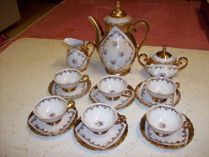 Gold and Flowered Espresso Set with 6 Cups & Saucers, Sugar and Creamer
